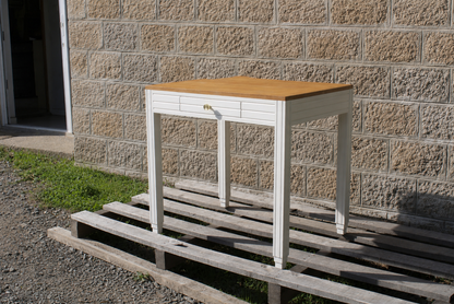 Petit bureau esprit Art Déco console Art Déco rénovée – blanc beige “Troublant” & plateau bois - VENDU