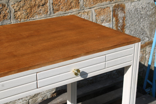 Petit bureau esprit Art Déco console Art Déco rénovée – blanc beige “Troublant” & plateau bois - VENDU