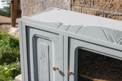 Buffet Art Déco rénové bleu gris clair – 3 portes dont 1 vitrée – 129 cm - VENDU