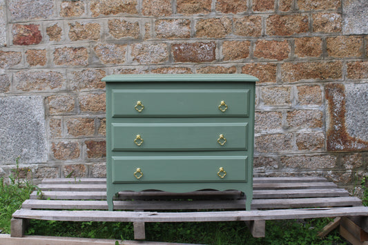 Commode vintage vert Treillis – poignées dorées & intérieur tapissé - VENDU