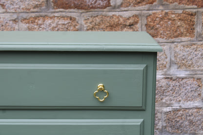 Commode vintage vert Treillis – poignées dorées & intérieur tapissé - VENDU