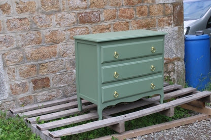 Commode vintage vert Treillis – poignées dorées & intérieur tapissé - VENDU