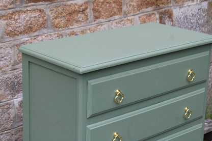 Commode vintage vert Treillis – poignées dorées & intérieur tapissé - VENDU
