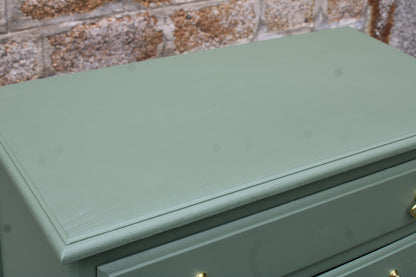 Commode vintage vert Treillis – poignées dorées & intérieur tapissé - VENDU