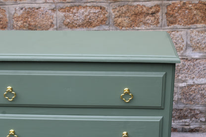 Commode vintage vert Treillis – poignées dorées & intérieur tapissé - VENDU