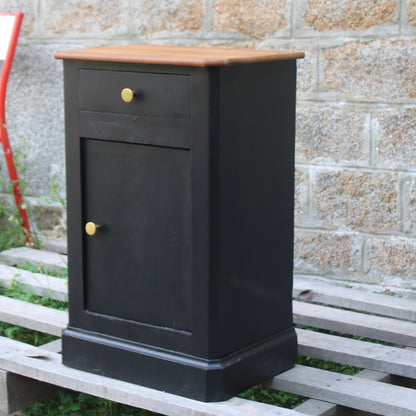 Chevet ancien rénové noir & bois – poignées dorées