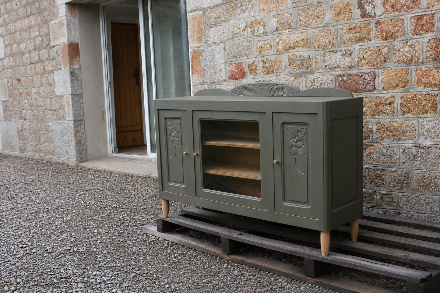Buffet art déco vintage rénové kaki Barda – 141 cm