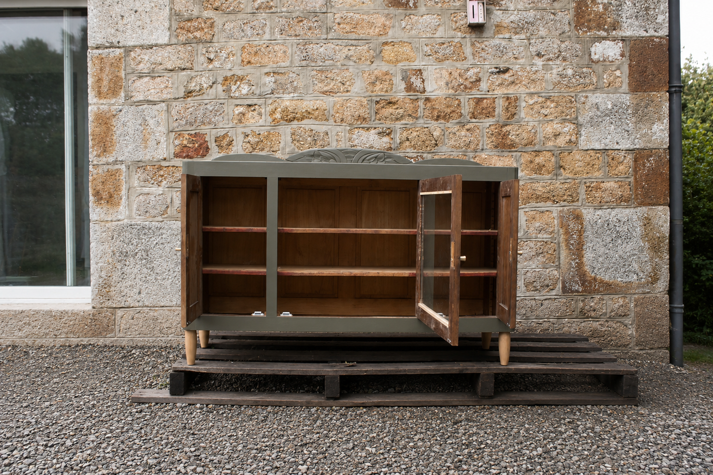 Buffet art déco vintage rénové kaki Barda – 141 cm