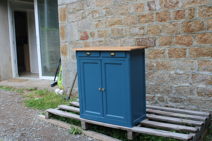 Buffet parisien vintage bleu profond & plateau bois naturel