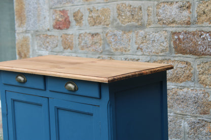 Buffet parisien vintage bleu profond & plateau bois naturel