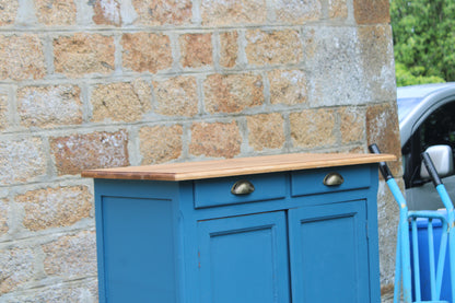 Buffet parisien vintage bleu profond & plateau bois naturel