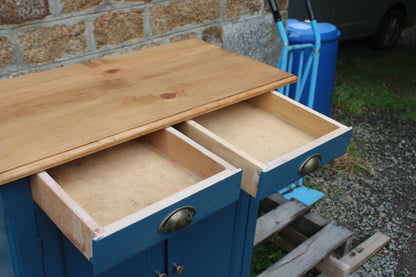 Buffet parisien vintage bleu profond & plateau bois naturel
