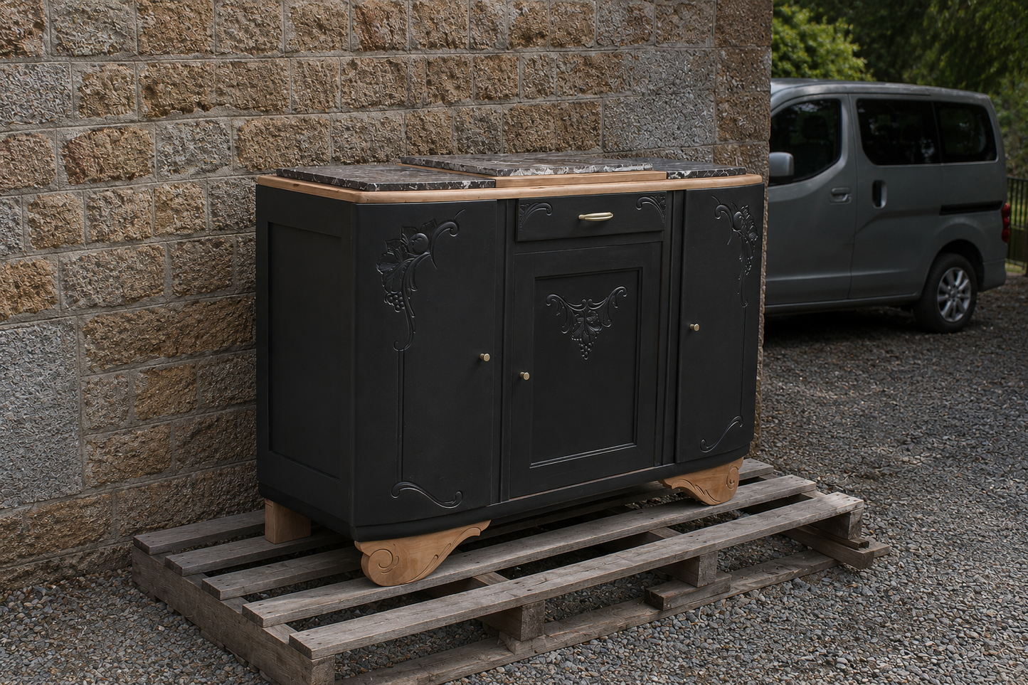 Buffet art déco 3 portes noir – Marbre d'origine - VENDU