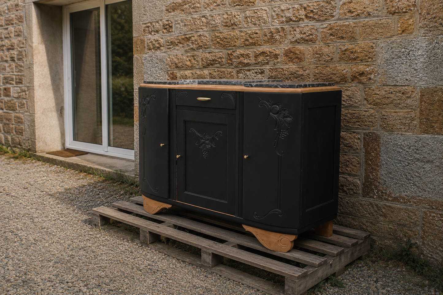 Buffet art déco 3 portes noir – Marbre d'origine - VENDU