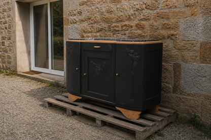 Buffet art déco 3 portes noir – Marbre d'origine - VENDU