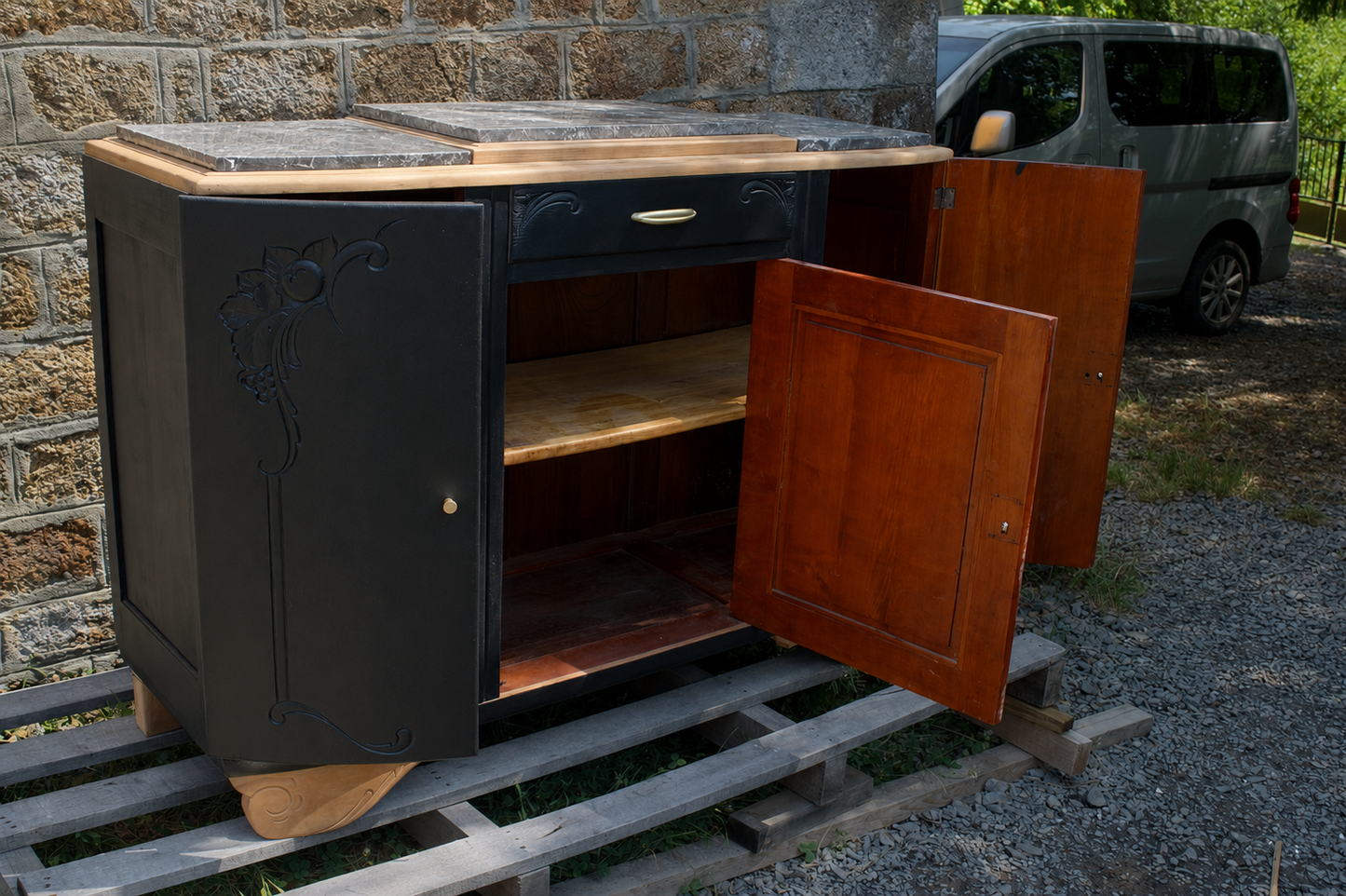 Buffet art déco 3 portes noir – Marbre d'origine - VENDU