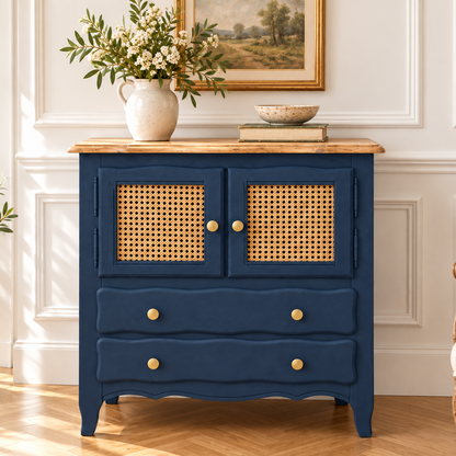 Petit buffet vintage rénové Bleu des Vosges Libéron et cannage – 2 portes, 2 tiroirs