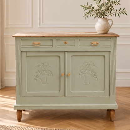 Buffet ancien style Art déco en chêne massif – Vert Lézard Pure & Paint et bois naturel – 121 cm