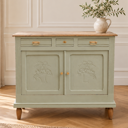 Buffet ancien style Art déco en chêne massif – Vert Lézard Pure & Paint et bois naturel – 121 cm