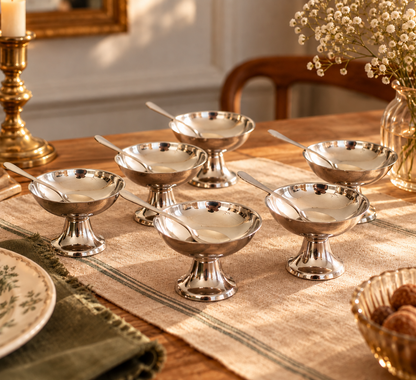 Service vintage de 6 coupes à dessert en métal argenté avec cuillères – coupes à glace sur pied