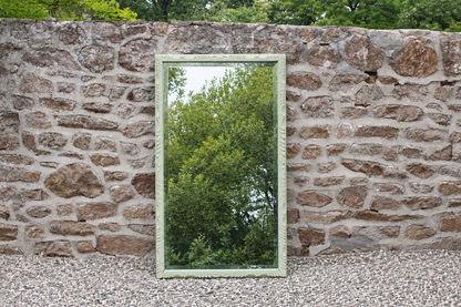 Grand miroir ancien biseauté en bois massif sculpté vert Lézard – 129 × 75 cm