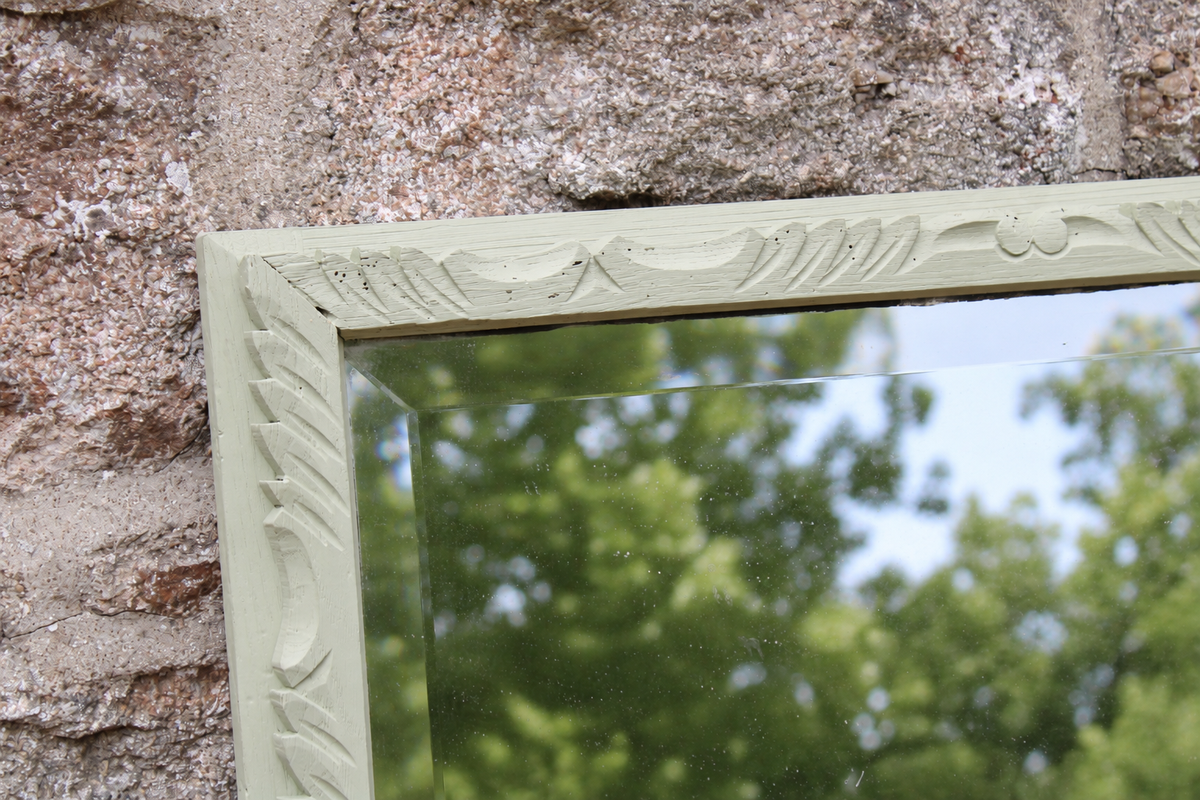 Grand miroir ancien biseauté en bois massif sculpté vert Lézard – 129 × 75 cm