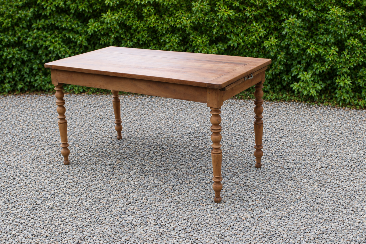 Table de ferme ancienne en bois – pieds tournés, tiroir et rallonge d’appoint - VENDU
