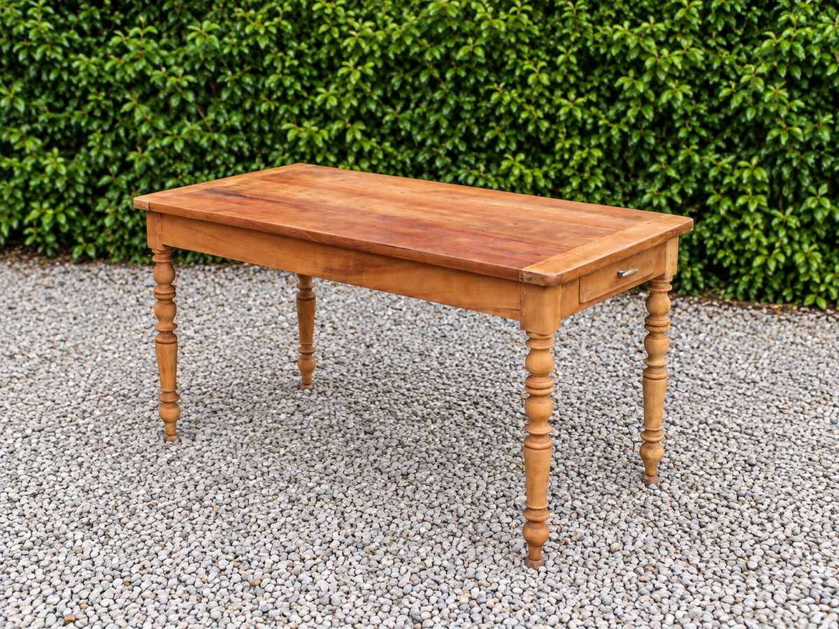 Table de ferme ancienne en bois – pieds tournés, tiroir et rallonge d’appoint - VENDU